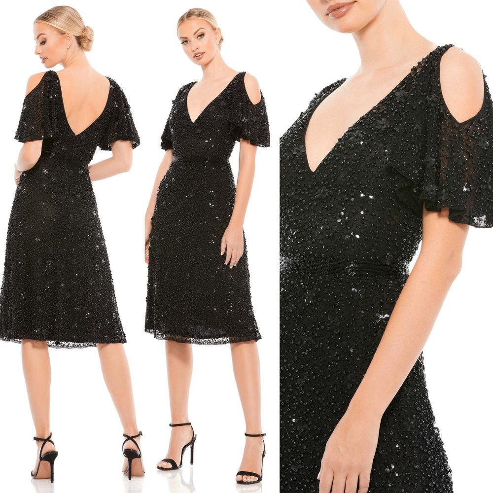 Mac Duggal Black Sequin Midi Dress